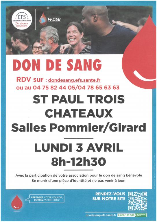 DON DE SANG - ST PAUL 3 CHATEAUX - LUNDI 3 AVRIL 2023